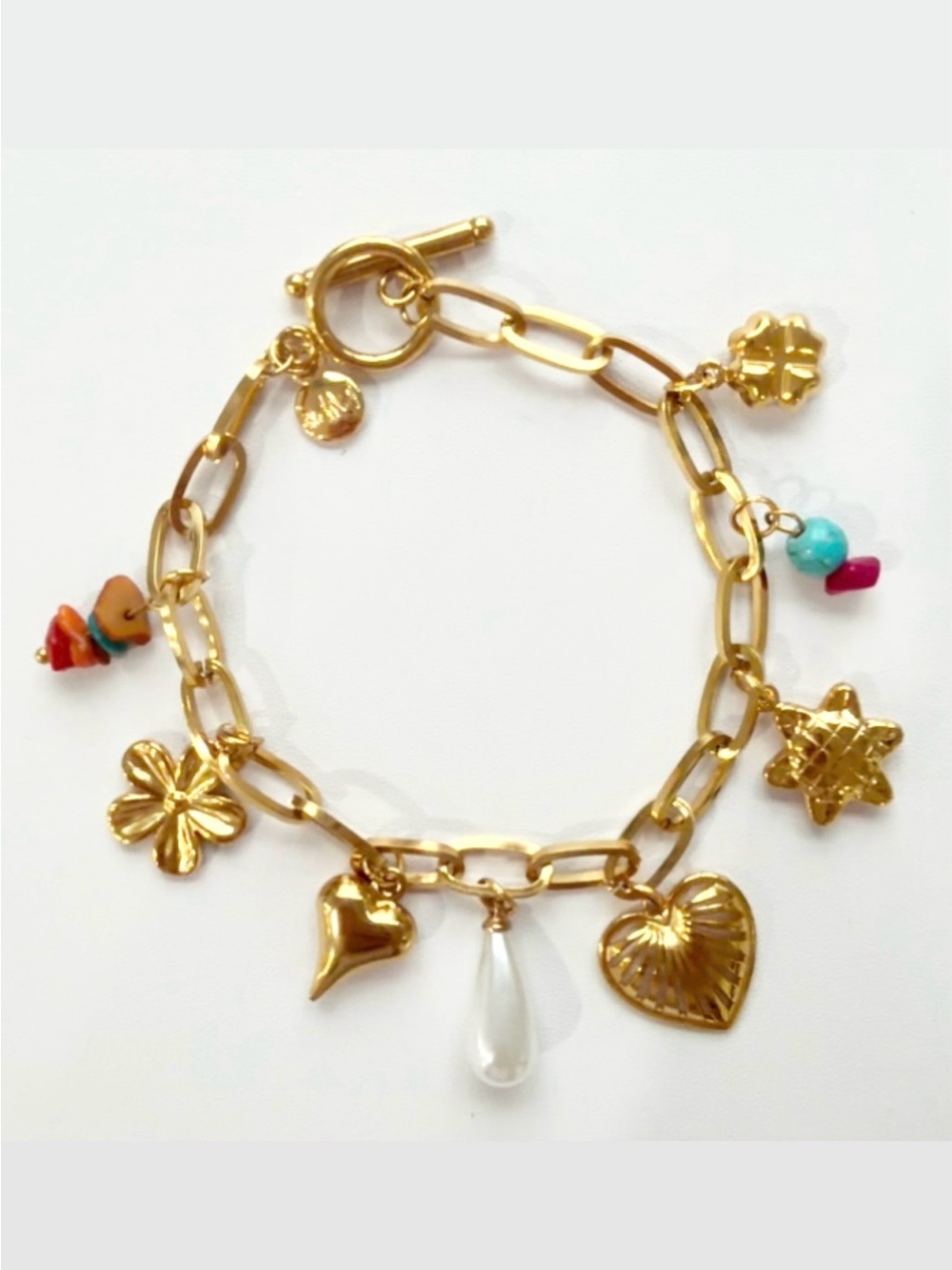 Gold Charm Link Bracelet with Heart, Pearl Drop & Floral Accents by Mayamar